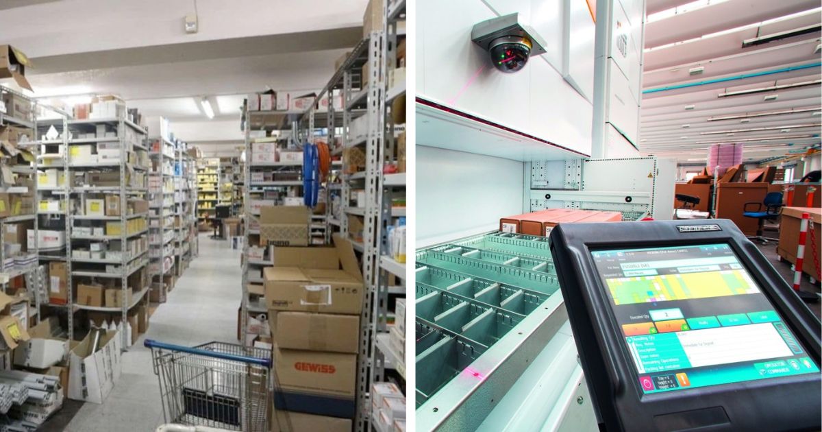 An image comparing traditional warehouse racking (left image) vs. a Modula vertical lift module (right image).