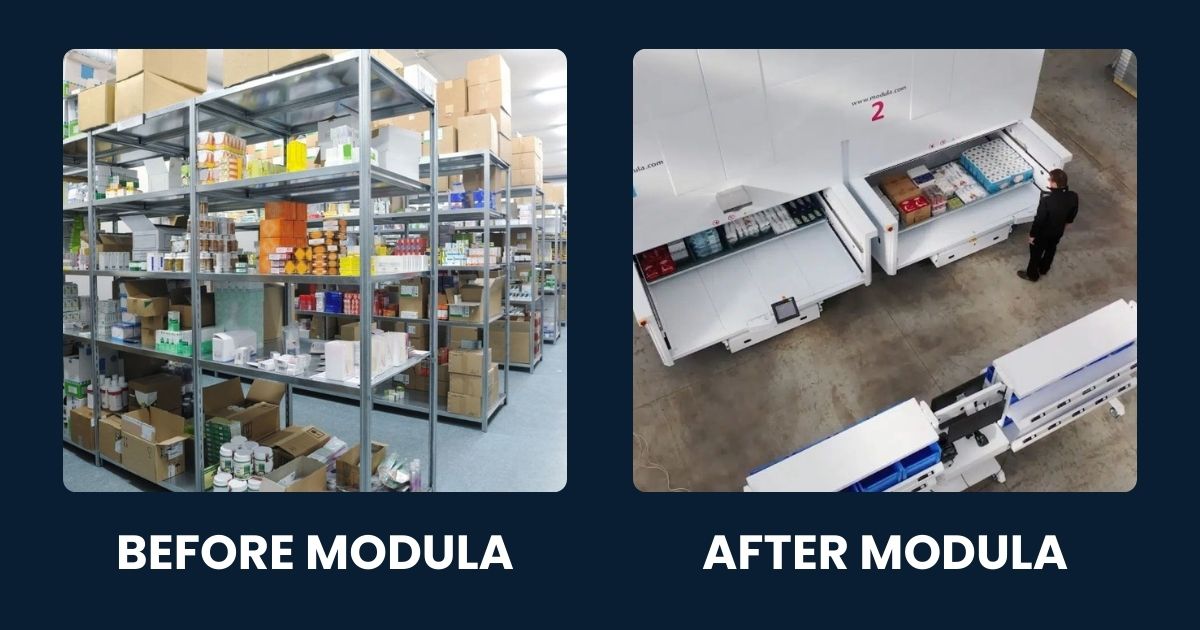 Before and after images of a facility utilizing the Modula Vertical Lift Module (VLM)