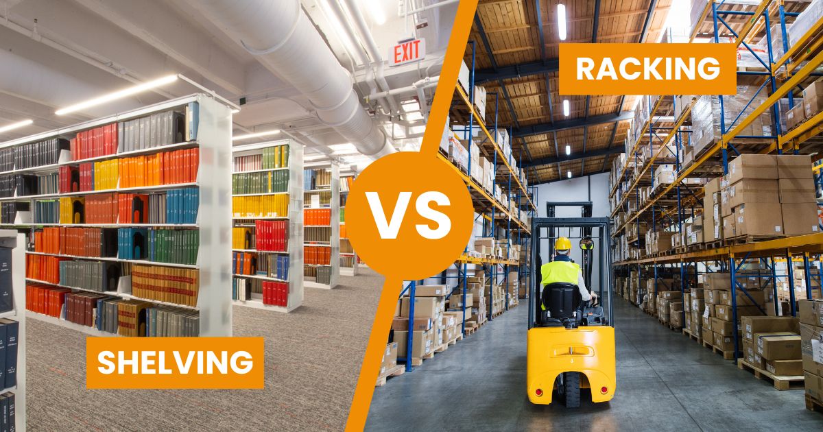 image of bookshelves and a caption of shelving on the left, image of a warehouse racking system and forklift with a caption that says racking on the right, a VS stamp and slash is between them